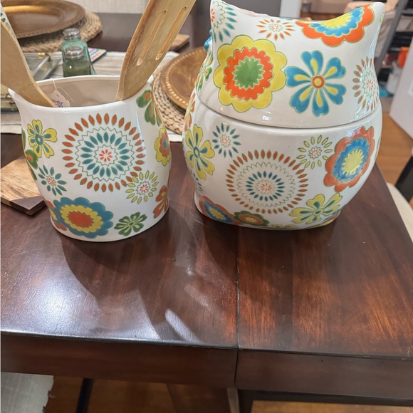 Pier 1 Colorful Owl Ceramic Utensil Holder Set and cookie jar - Picture 2 of 5